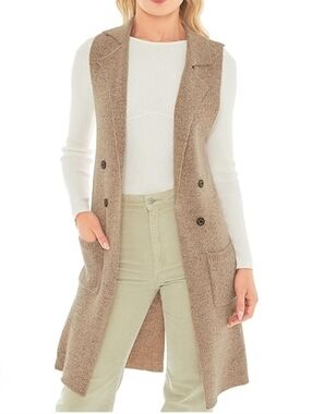 Love Tree Tan Sleeveless Long Sweater Vest Open Front Knit Cardigan; Size M